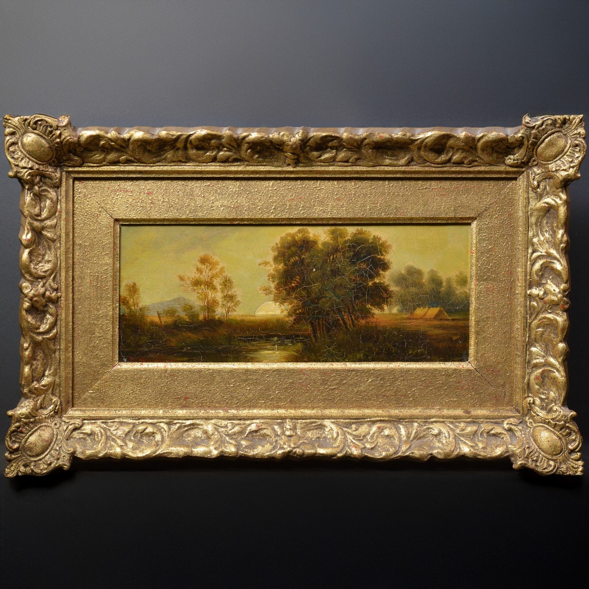 19th Century European Oil Painting Panoramic Landscape Sunrise With Pond Framed