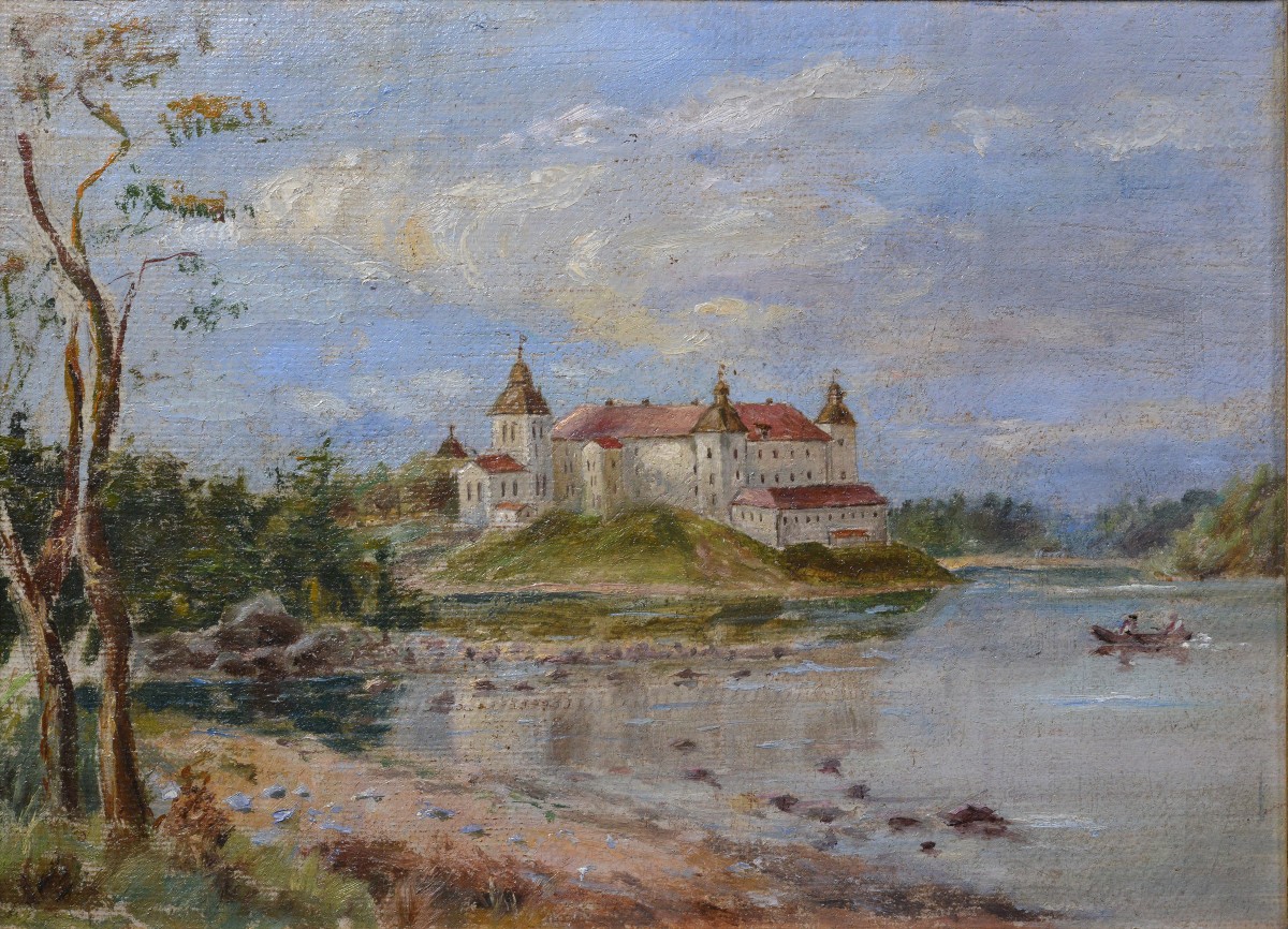 19th Century Antique Oil Painting Castle On Hill Lake Boat Figures Gilt Frame-photo-2
