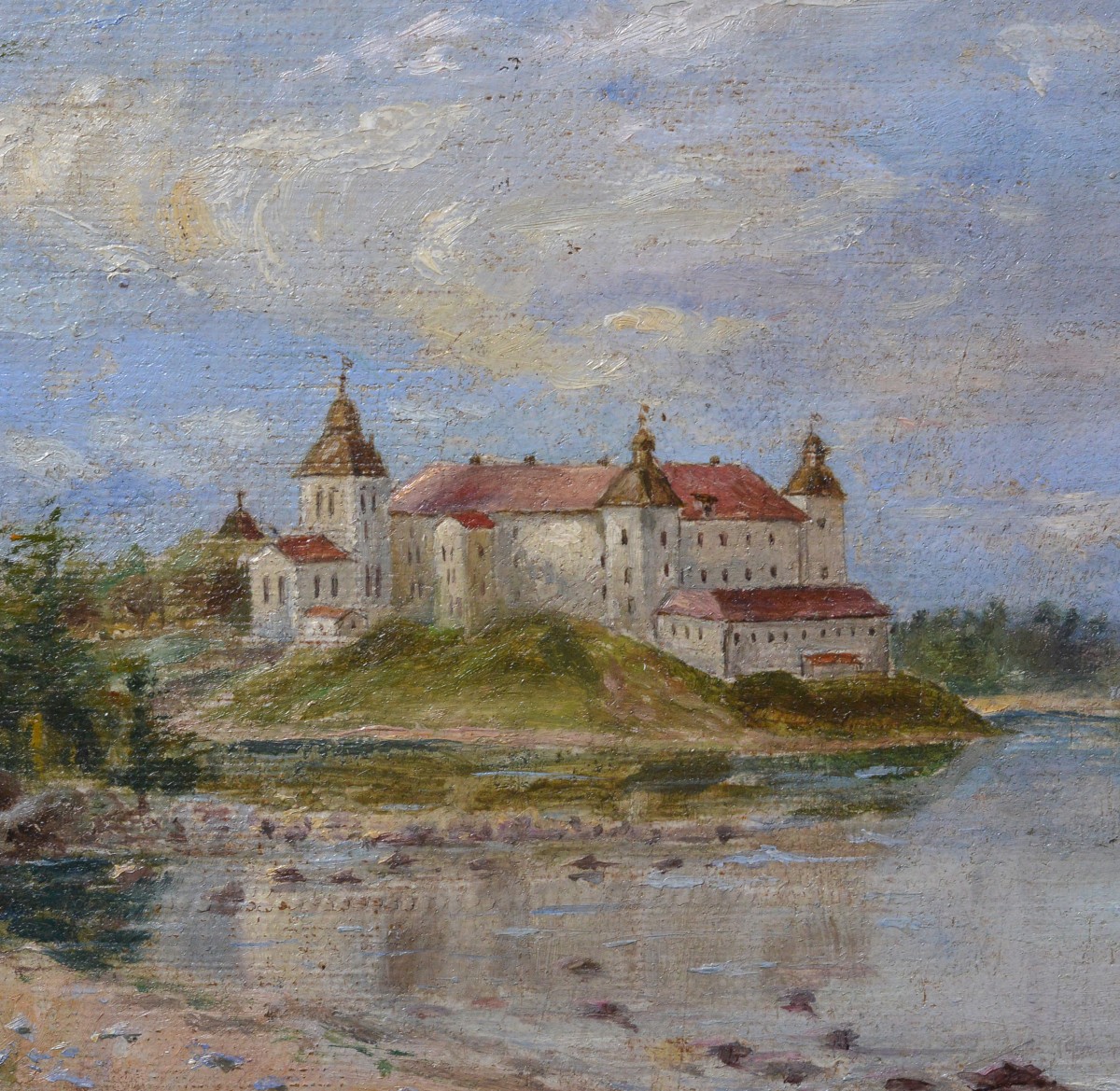 19th Century Antique Oil Painting Castle On Hill Lake Boat Figures Gilt Frame-photo-3