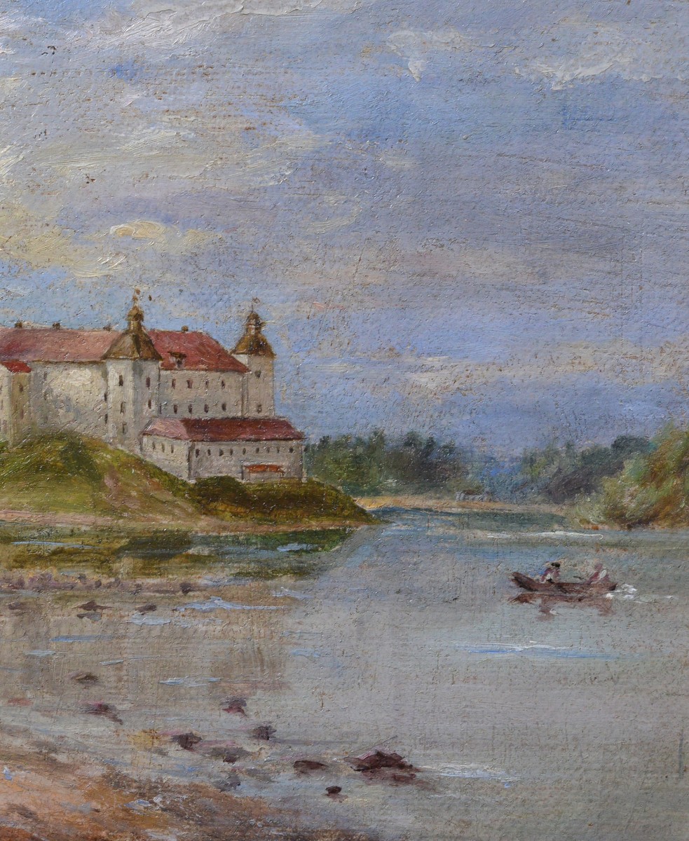 19th Century Antique Oil Painting Castle On Hill Lake Boat Figures Gilt Frame-photo-4