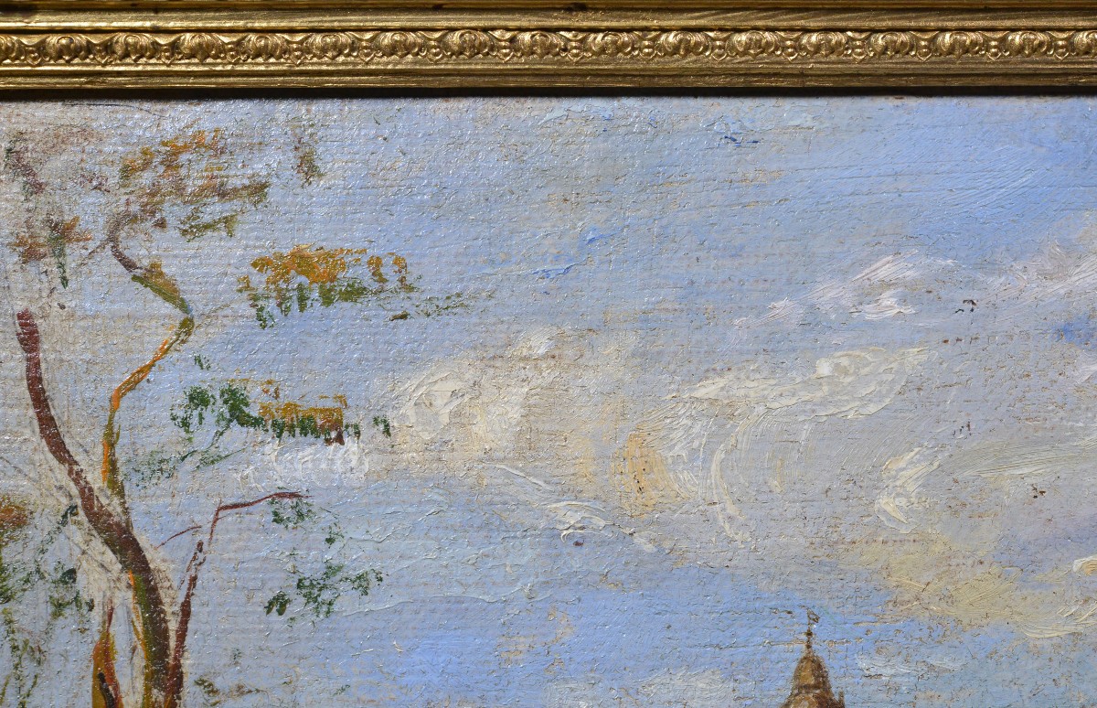 19th Century Antique Oil Painting Castle On Hill Lake Boat Figures Gilt Frame-photo-1