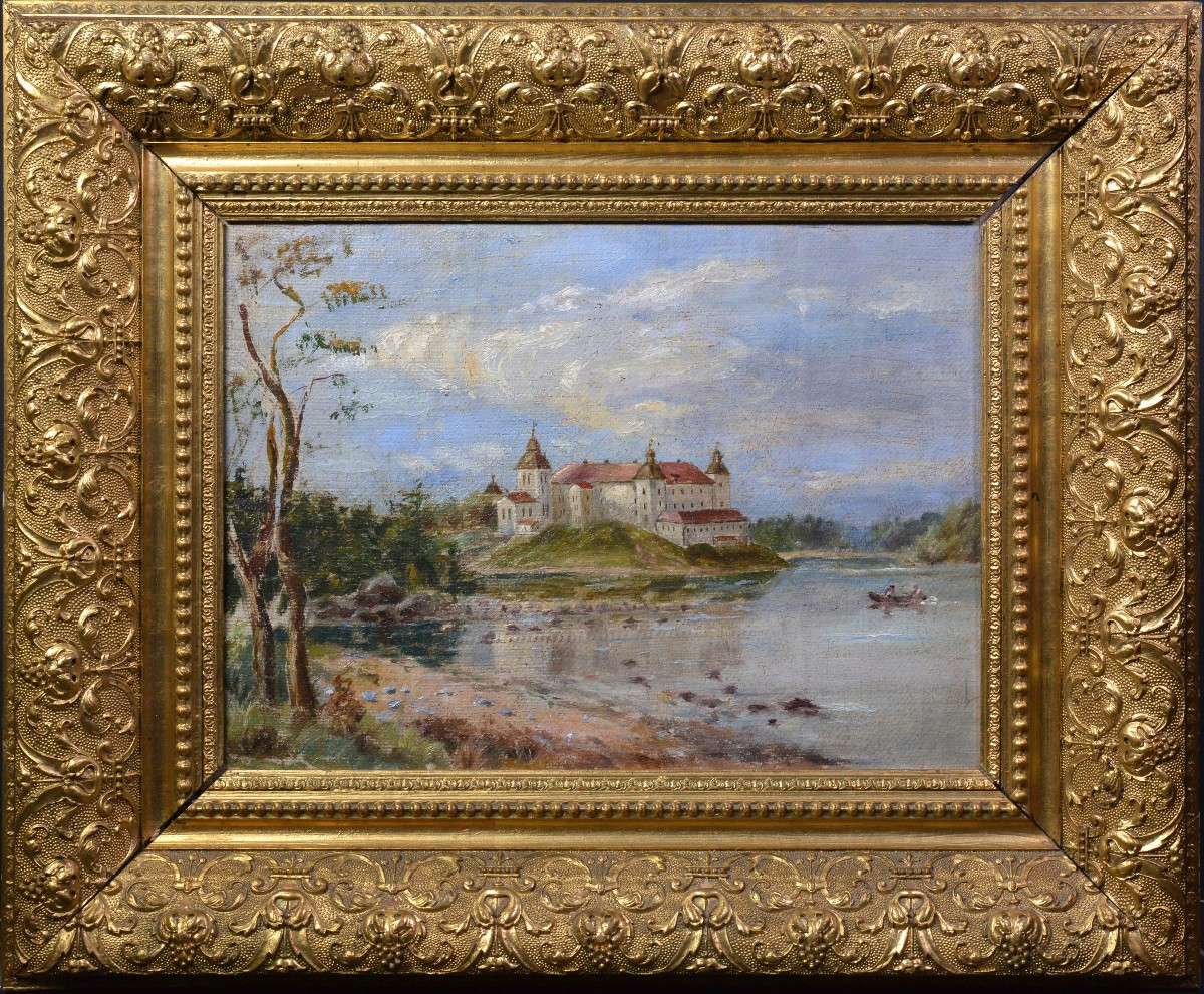 19th Century Antique Oil Painting Castle On Hill Lake Boat Figures Gilt Frame