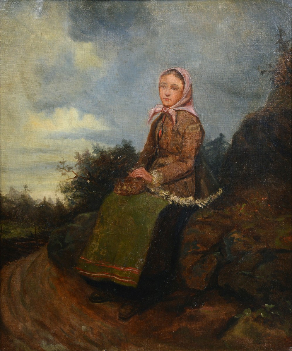 Late 19th Century Antique Oil Portrait Of Young Peasant Girl Resting By Road-photo-2