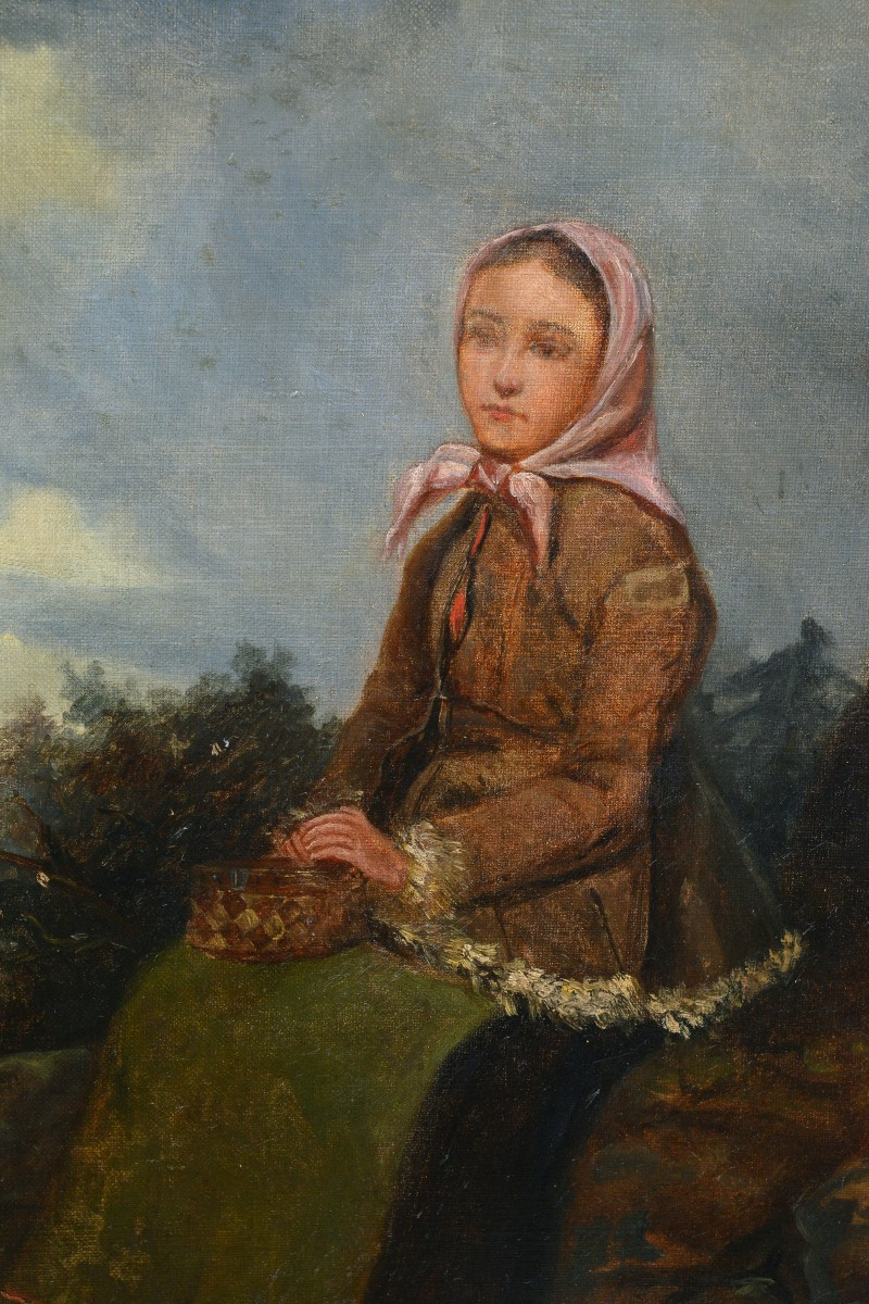 Late 19th Century Antique Oil Portrait Of Young Peasant Girl Resting By Road-photo-3