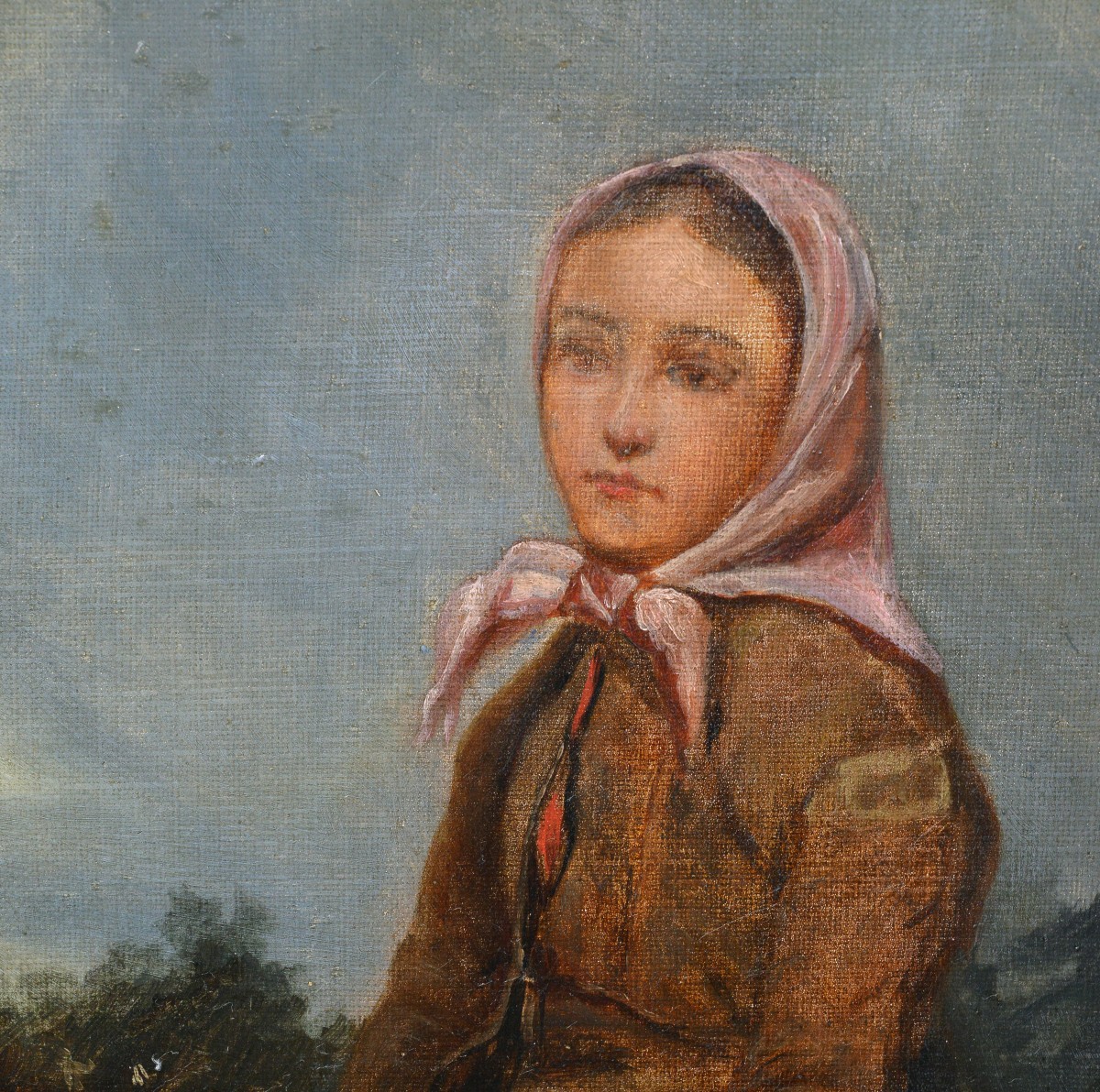 Late 19th Century Antique Oil Portrait Of Young Peasant Girl Resting By Road-photo-4