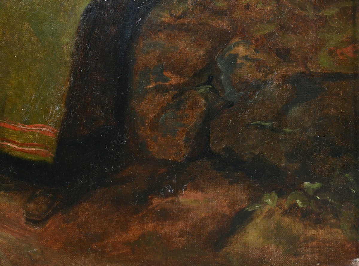 Late 19th Century Antique Oil Portrait Of Young Peasant Girl Resting By Road-photo-1