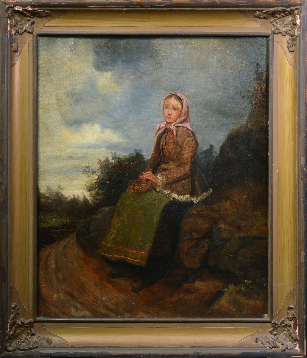 Late 19th Century Antique Oil Portrait Of Young Peasant Girl Resting By Road