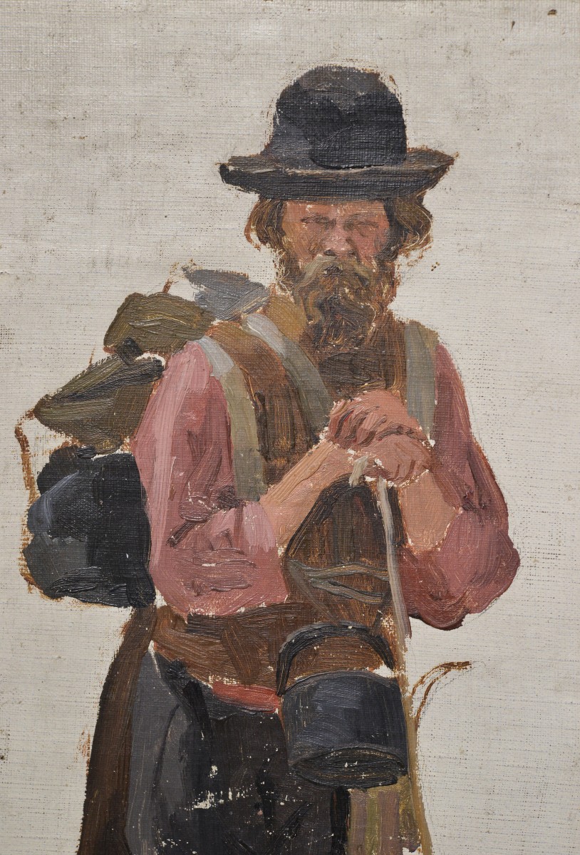 Rare 19th Century Russian Oil Portrait Bearded Man With Staff Signed Gilt Frame-photo-3
