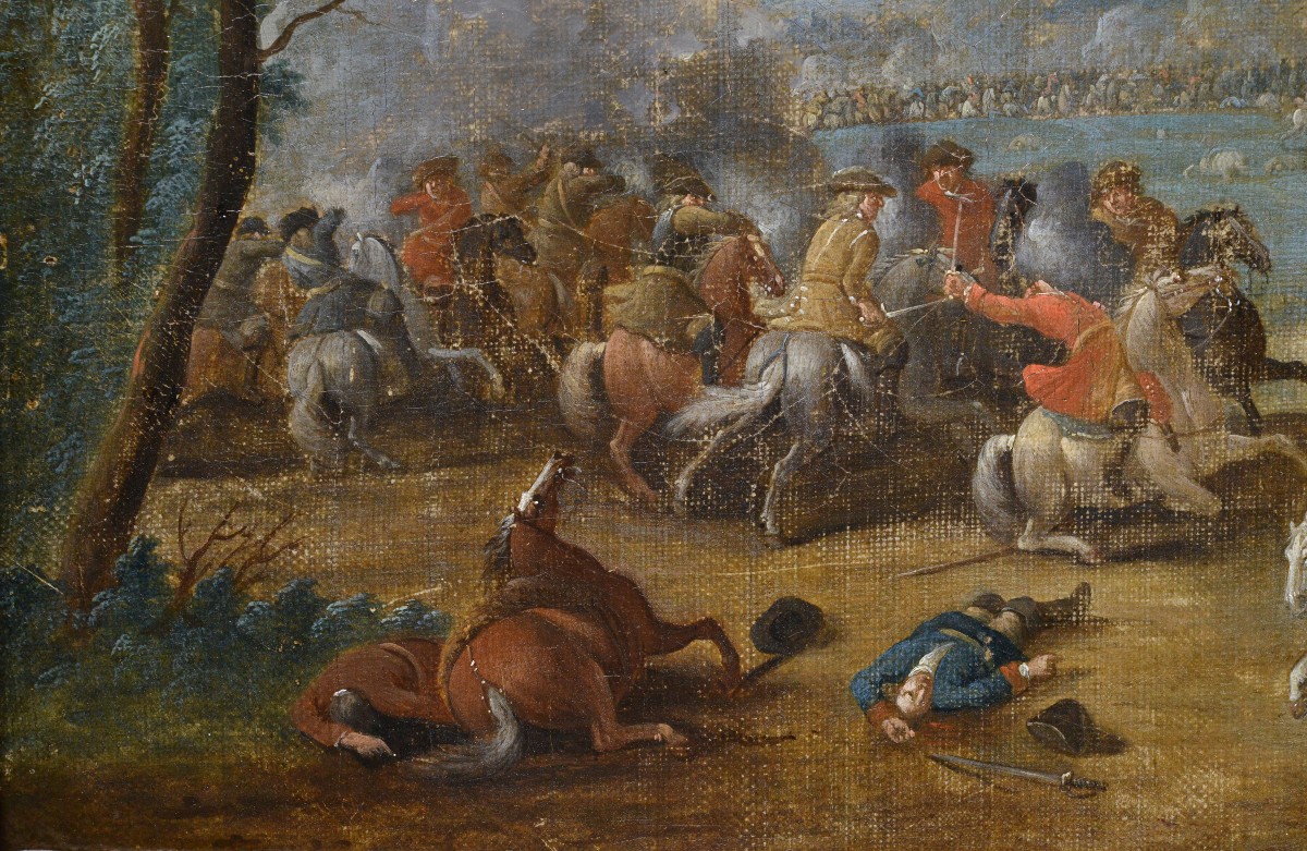 Early 18th Century Antique Flemish Oil Painting Cavalry Battle Scene Framed-photo-4
