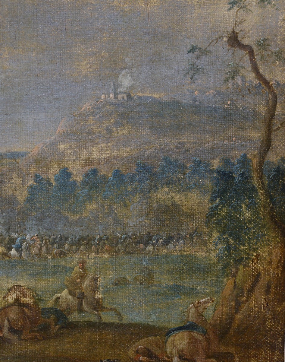 Early 18th Century Antique Flemish Oil Painting Cavalry Battle Scene Framed-photo-3