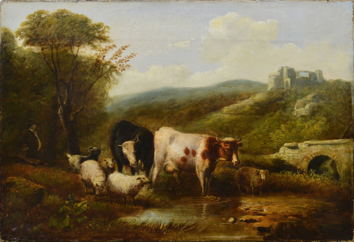 D'après Eugene Verboeckhoven Peinture à l'huile Pastorale Belge Antique Passing Brook-photo-2
