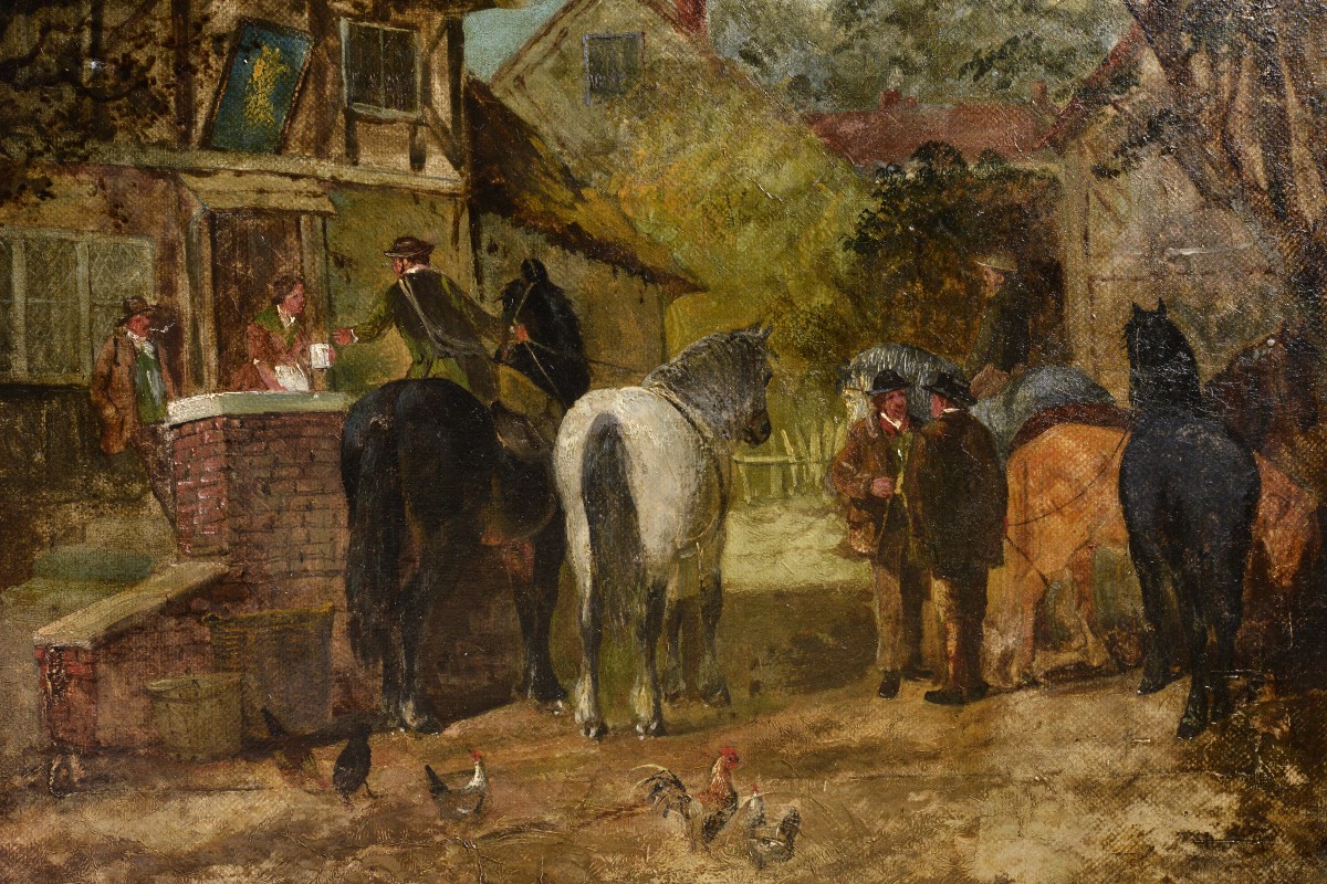 Peinture à l'Huile Britannique Victorienne XIXe Siècle Scène de Genre Auberge Hampshire-photo-3