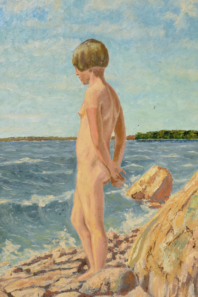 Portrait à l'huile scandinave original début XXe siècle Jeune baigneuse signé Liden-photo-2