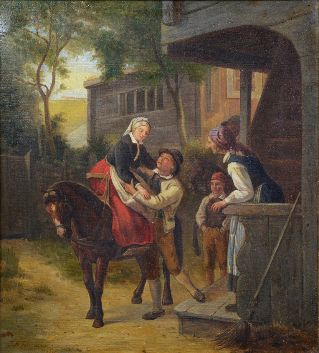 Tableau Ancien Suédois 1868 Scène de Genre Arrivée de la Mariée Signé Encadré-photo-2