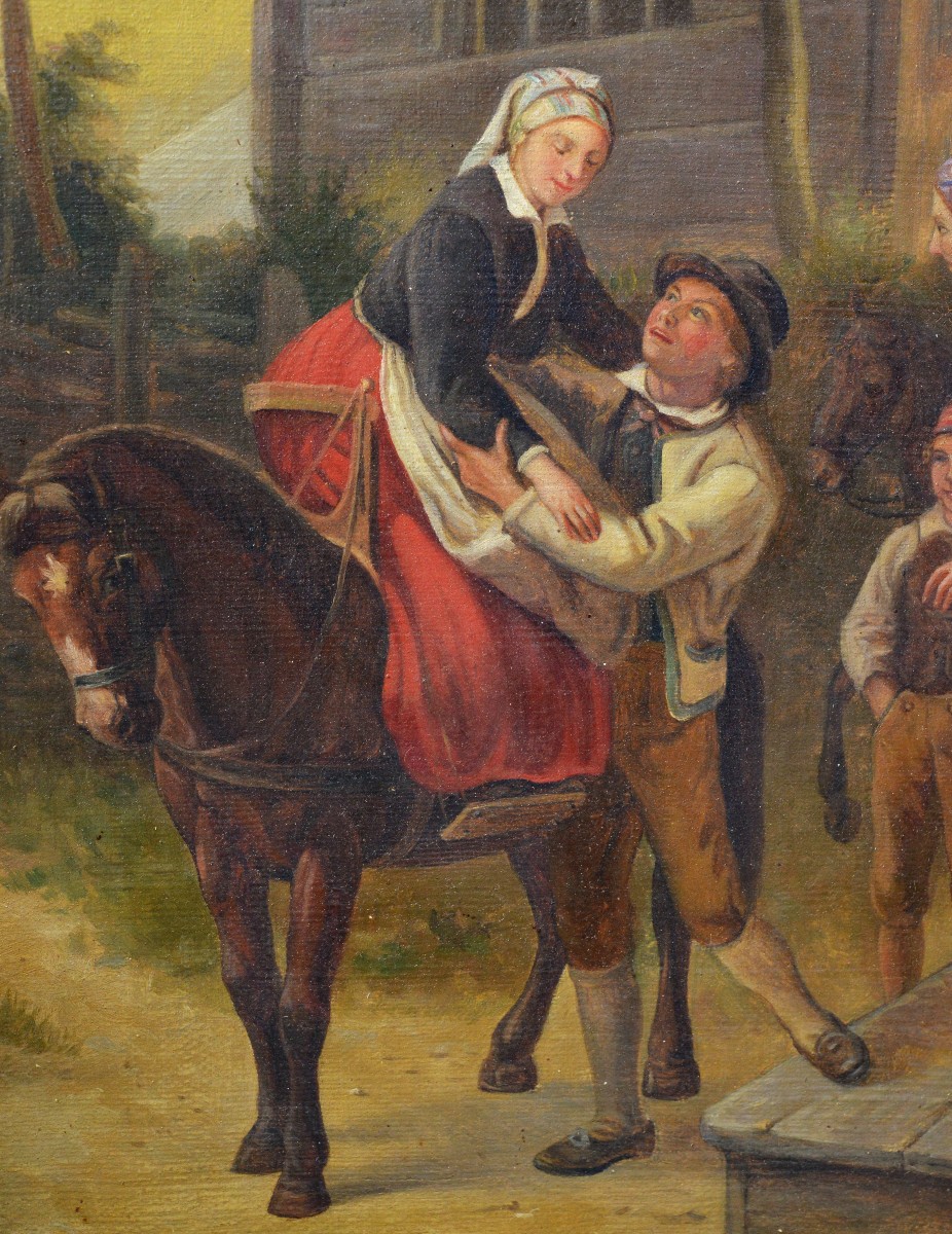 Tableau Ancien Suédois 1868 Scène de Genre Arrivée de la Mariée Signé Encadré-photo-3