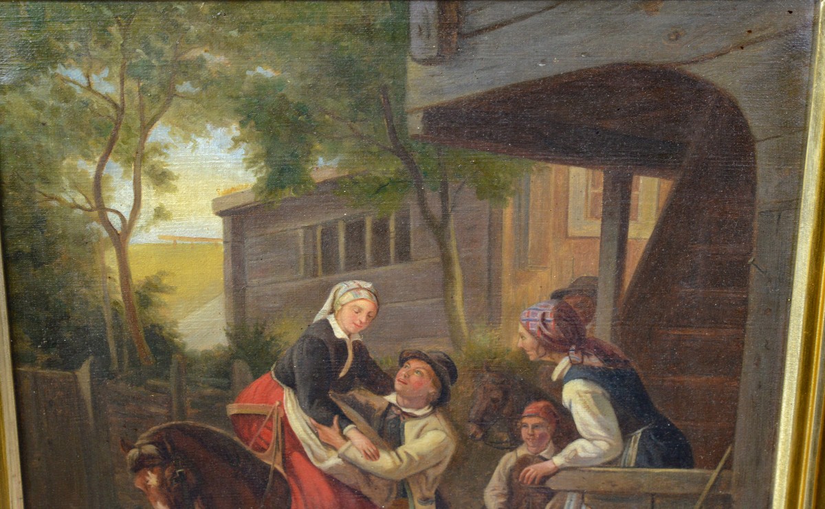 Tableau Ancien Suédois 1868 Scène de Genre Arrivée de la Mariée Signé Encadré-photo-1