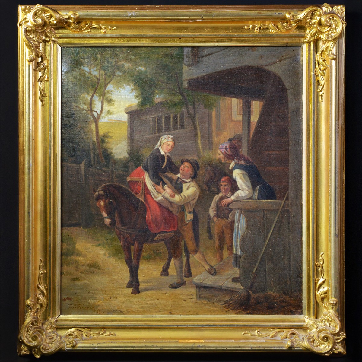 Tableau Ancien Suédois 1868 Scène de Genre Arrivée de la Mariée Signé Encadré