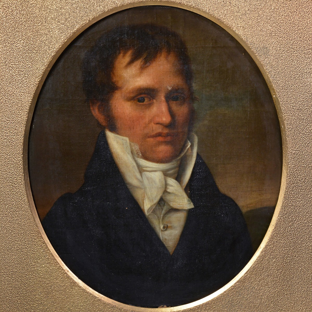 Portrait Ovale de Gentleman 1817 Huile sur Toile Cadre Empire Bronze Doré Original-photo-2