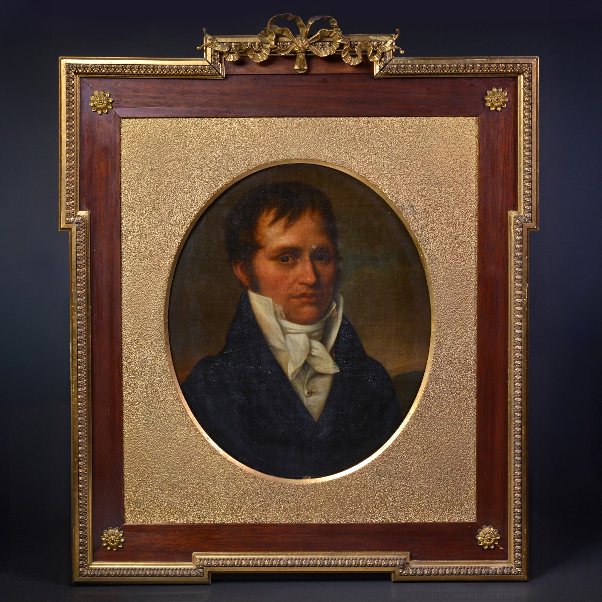 Portrait Ovale de Gentleman 1817 Huile sur Toile Cadre Empire Bronze Doré Original