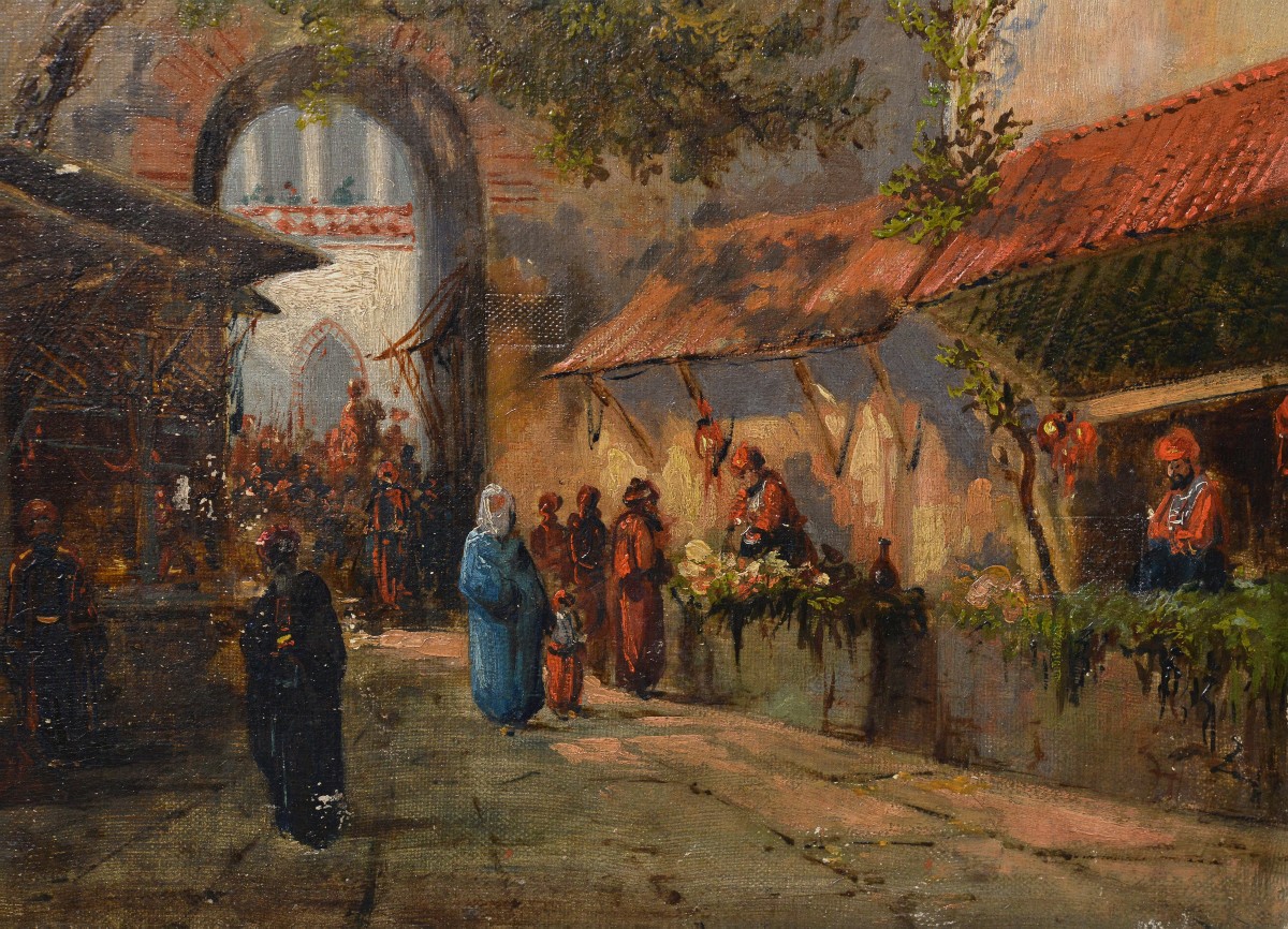 Peinture Orientaliste Française Début 1900 Scène de Bazar Nord-Africain Encadrée-photo-3
