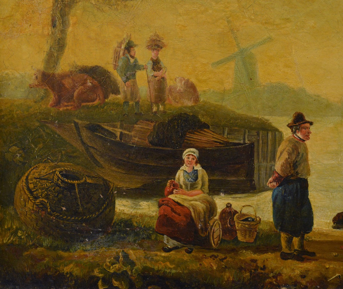19th Century Dutch School Riverside Oil Painting Framed Cattle And Sailing Boats-photo-3