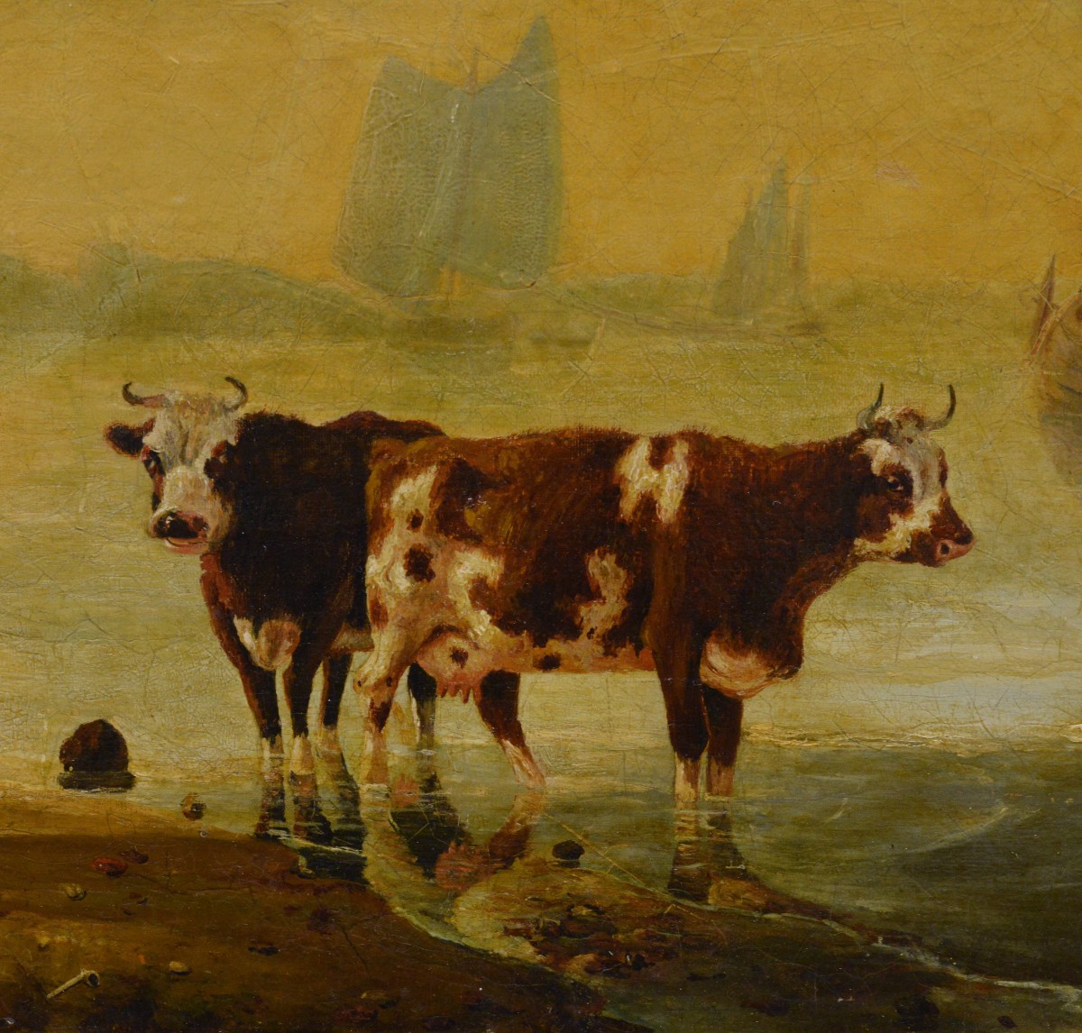 19th Century Dutch School Riverside Oil Painting Framed Cattle And Sailing Boats-photo-4