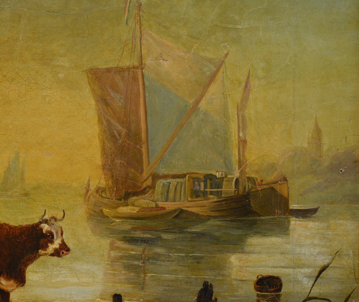 19th Century Dutch School Riverside Oil Painting Framed Cattle And Sailing Boats-photo-1