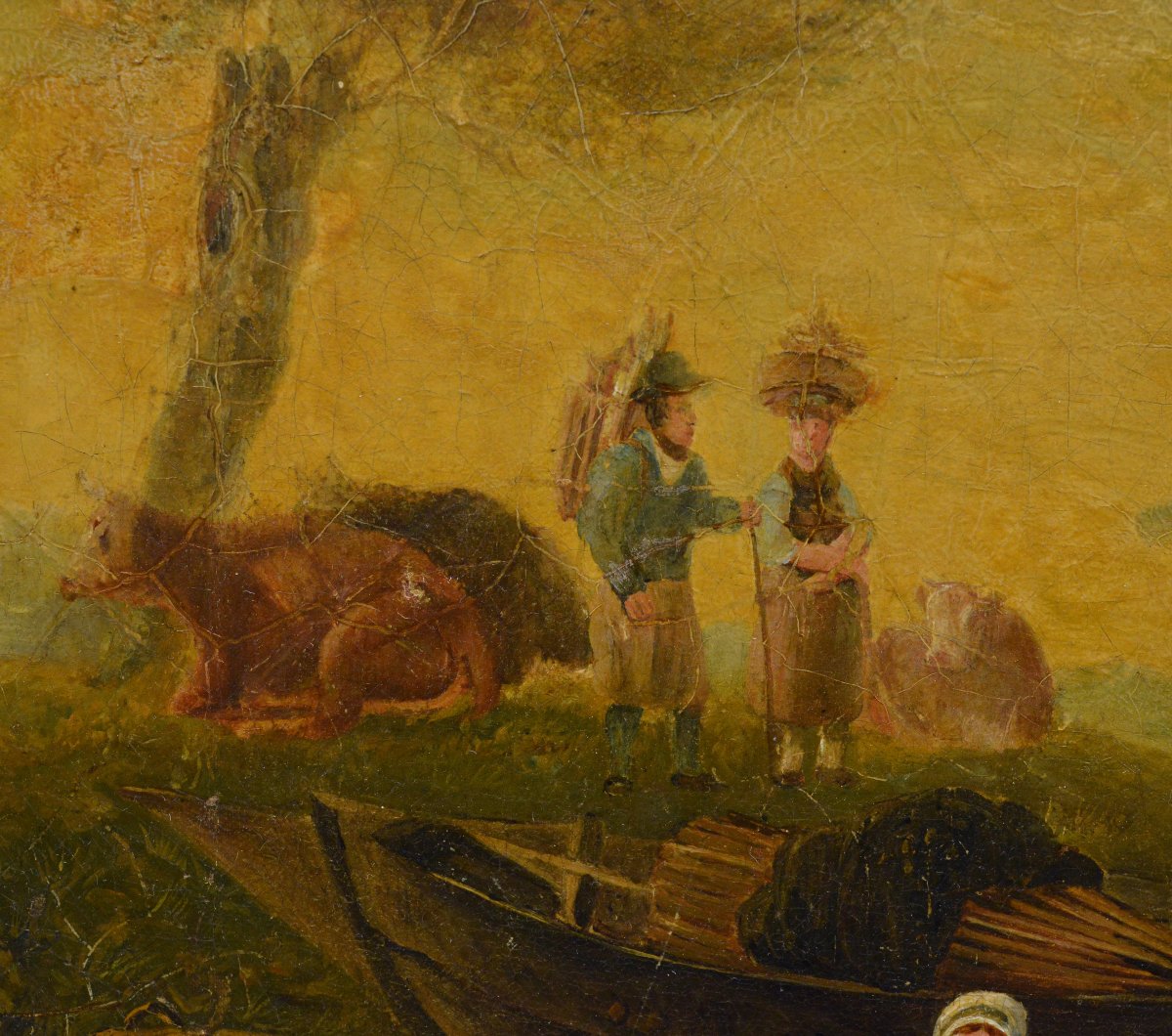 19th Century Dutch School Riverside Oil Painting Framed Cattle And Sailing Boats-photo-2