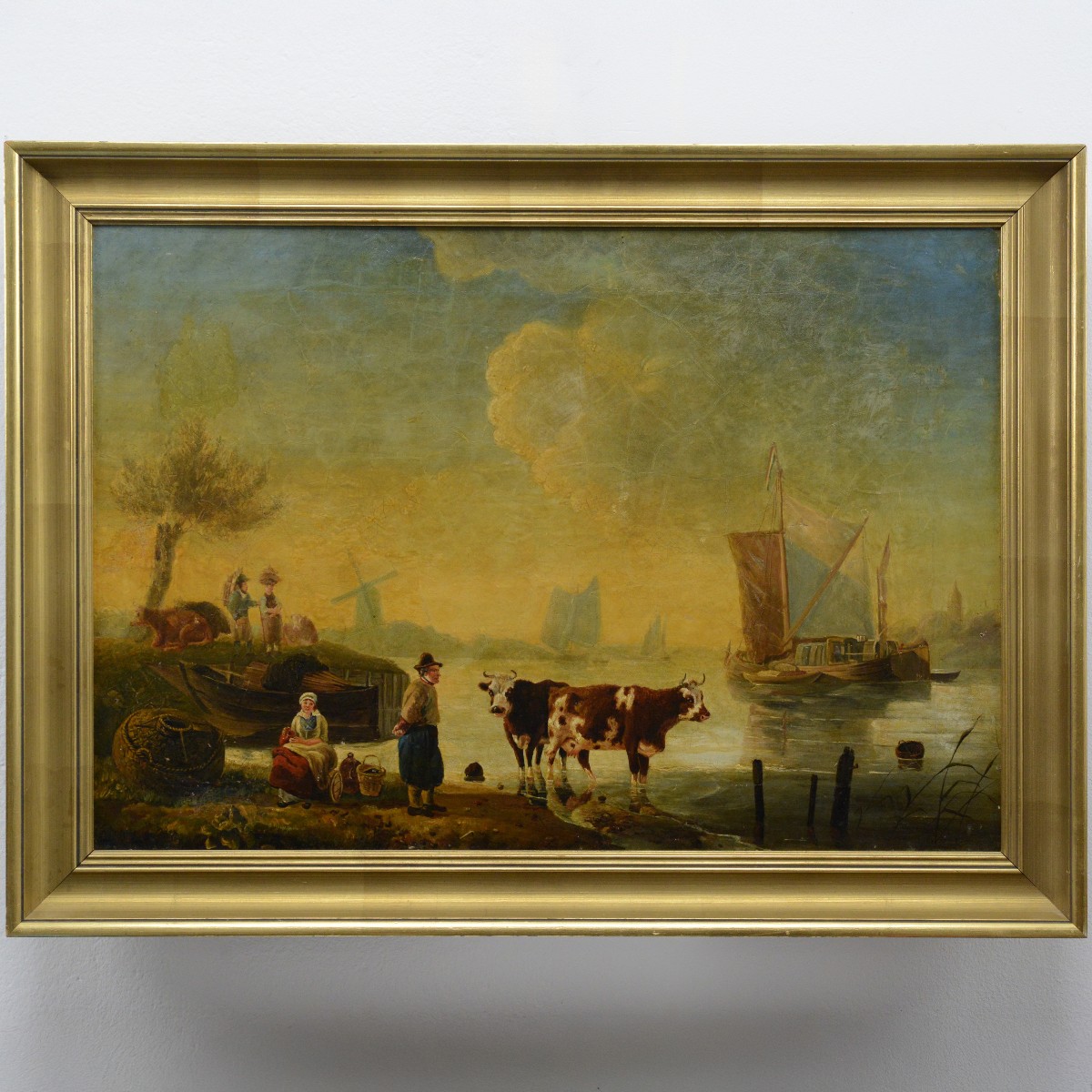 19th Century Dutch School Riverside Oil Painting Framed Cattle And Sailing Boats