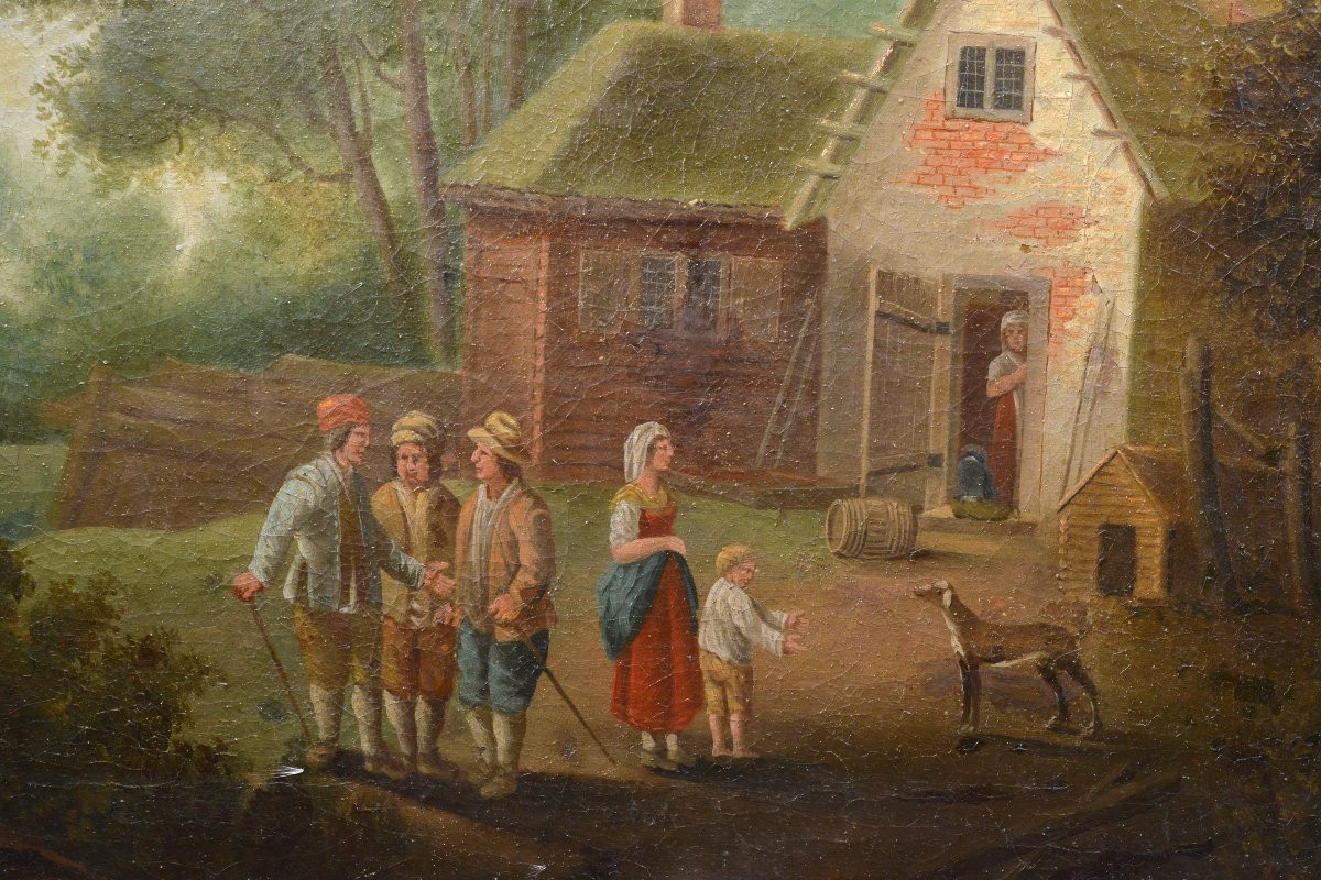 1790 Peinture Huile Ancienne Style Hollandais Scène Genre Village Djurgarden Suède-photo-2