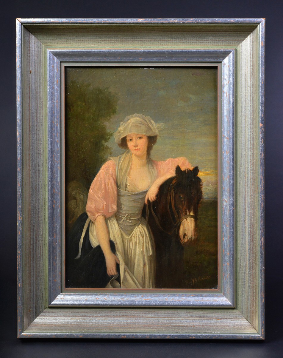 Portrait de Laitière d'après Greuze, Huile sur Panneau, XIXe siècle, Encadré