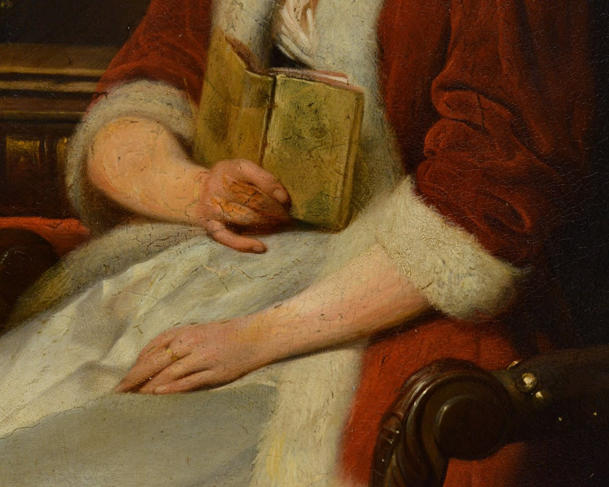 19th Century Antique Dutch Oil Painting Interior Scene Couple Reading Framed-photo-1