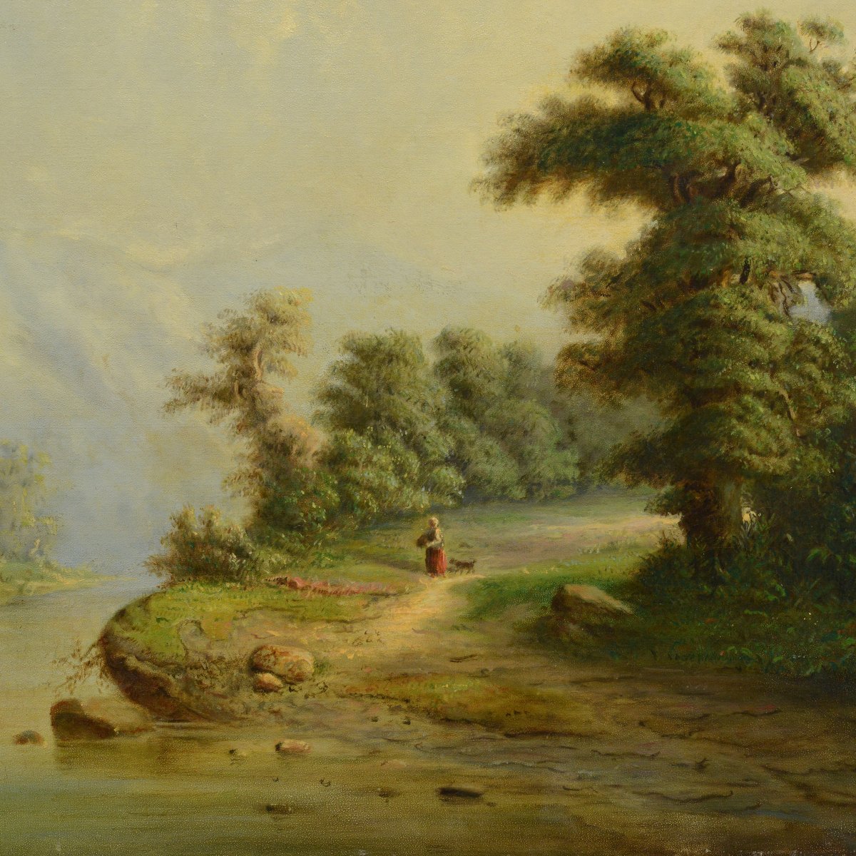 Peinture pastorale romantique originale de 1880 avec moulin à eau, signée-photo-3