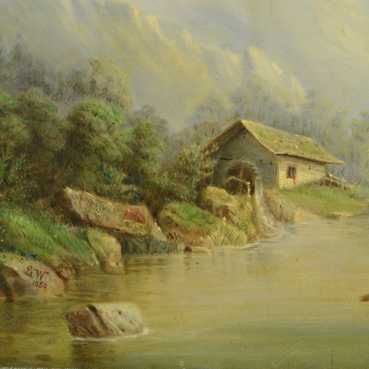Peinture pastorale romantique originale de 1880 avec moulin à eau, signée-photo-4