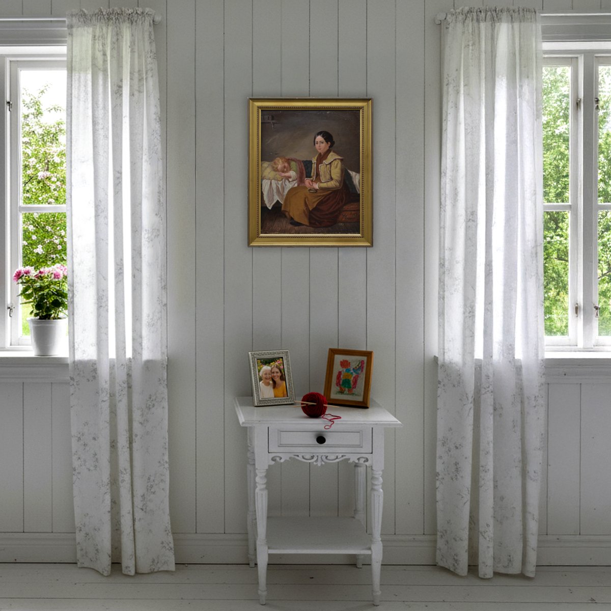 Peinture à l'huile suédoise de 1858 Scène familiale tendre Mère et enfant endormi Encadrée-photo-7