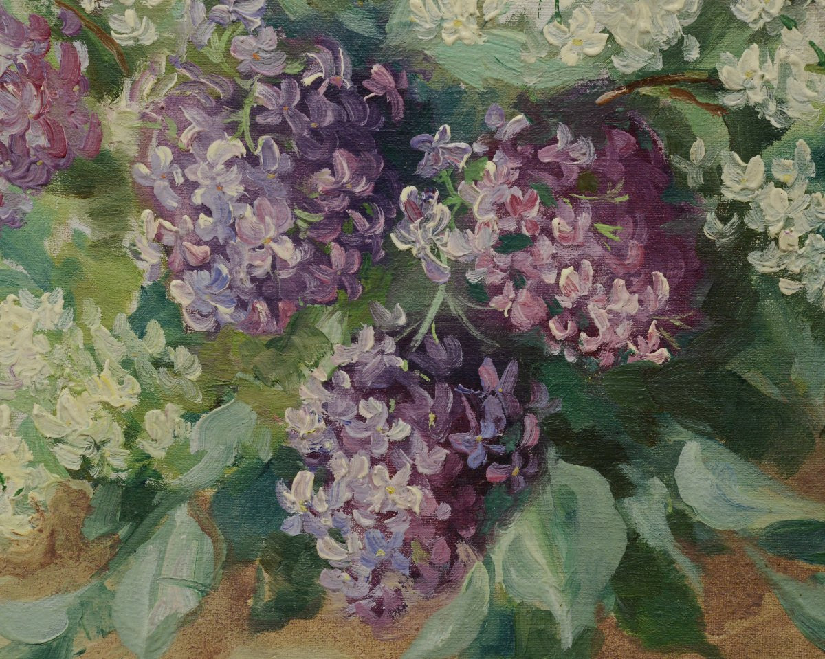 Nature Morte Russe Milieu 20ème Siècle Huile Bouquet Lilas Encadré Signé-photo-4