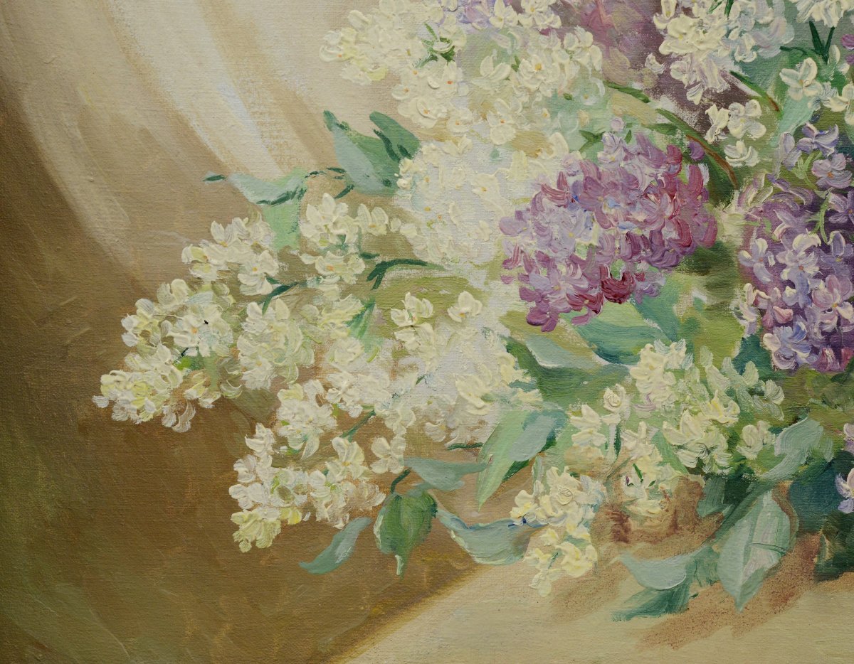 Nature Morte Russe Milieu 20ème Siècle Huile Bouquet Lilas Encadré Signé-photo-1