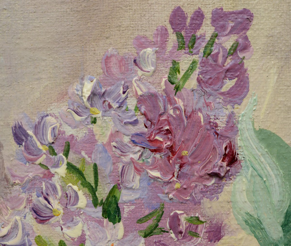 Nature Morte Russe Milieu 20ème Siècle Huile Bouquet Lilas Encadré Signé-photo-2