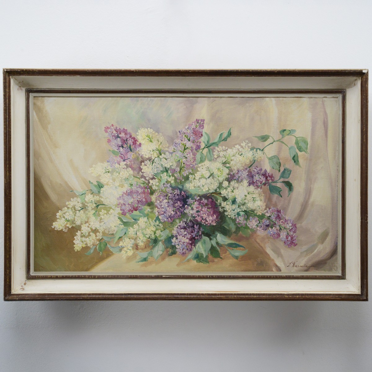 Nature Morte Russe Milieu 20ème Siècle Huile Bouquet Lilas Encadré Signé