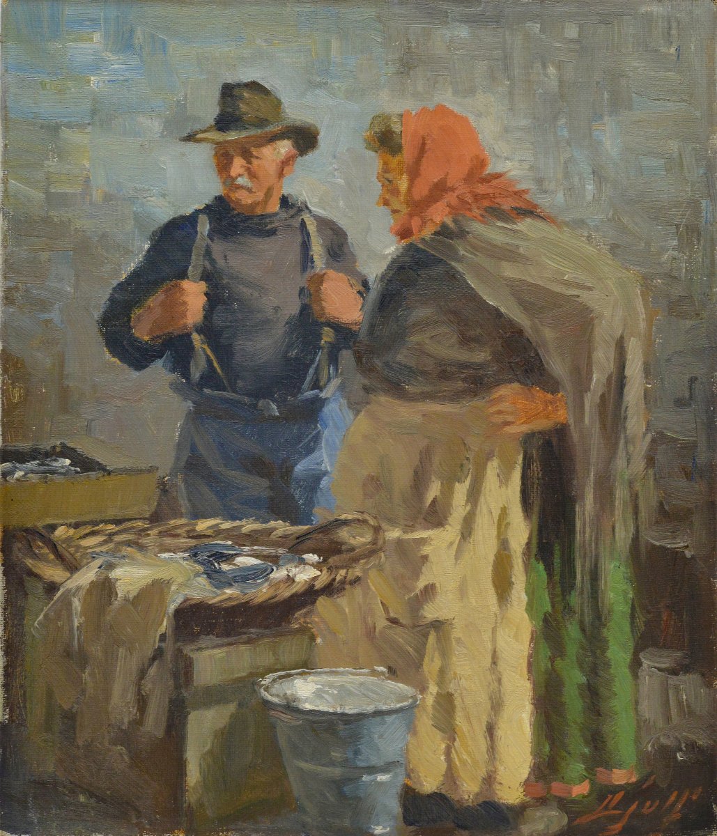 Ancienne peinture huile réaliste danoise 1920 marché poissons Copenhague signée-photo-2