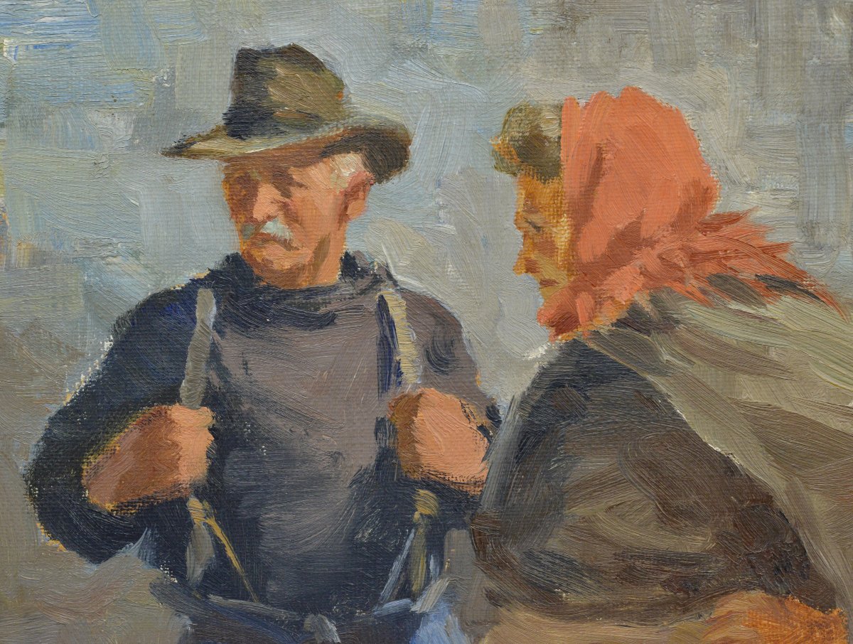 Ancienne peinture huile réaliste danoise 1920 marché poissons Copenhague signée-photo-3