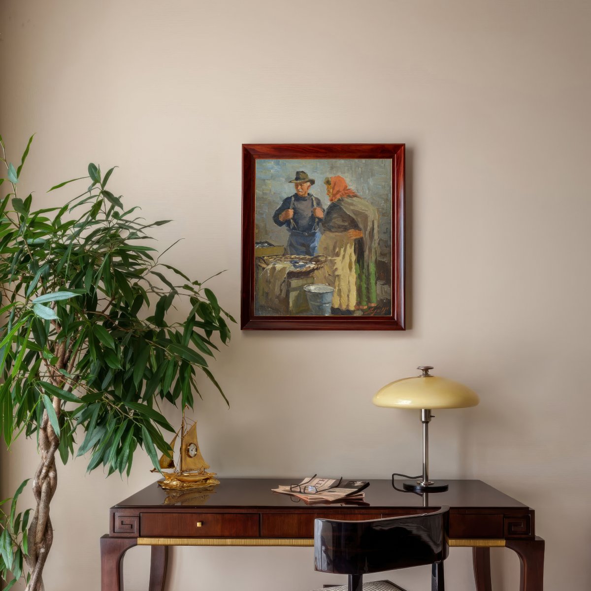 Ancienne peinture huile réaliste danoise 1920 marché poissons Copenhague signée-photo-5