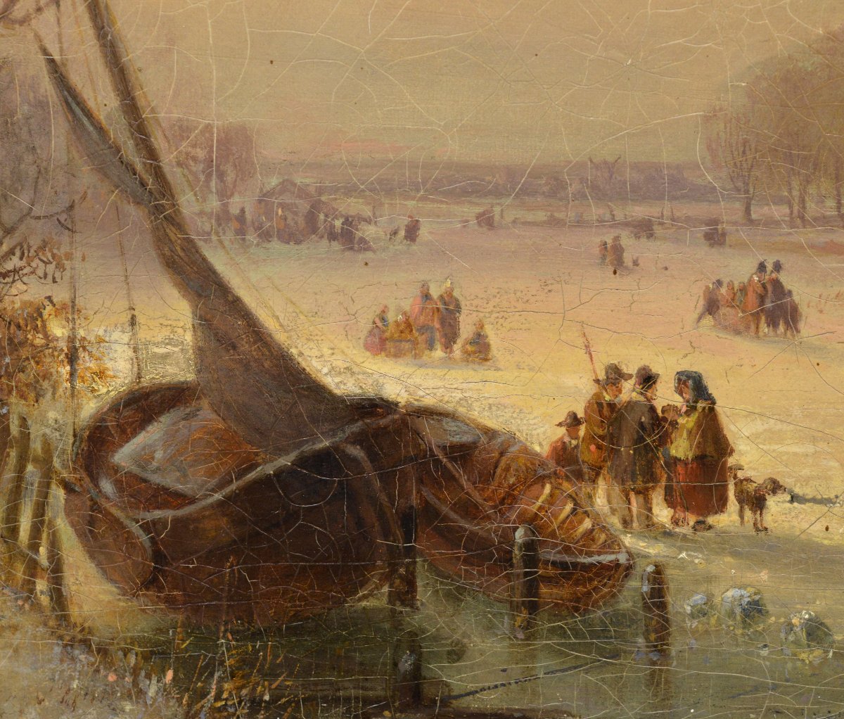 1859 Peinture Huile Allemande Style Hollandais Lac Gele Scene Hiver Signee Encadree-photo-4