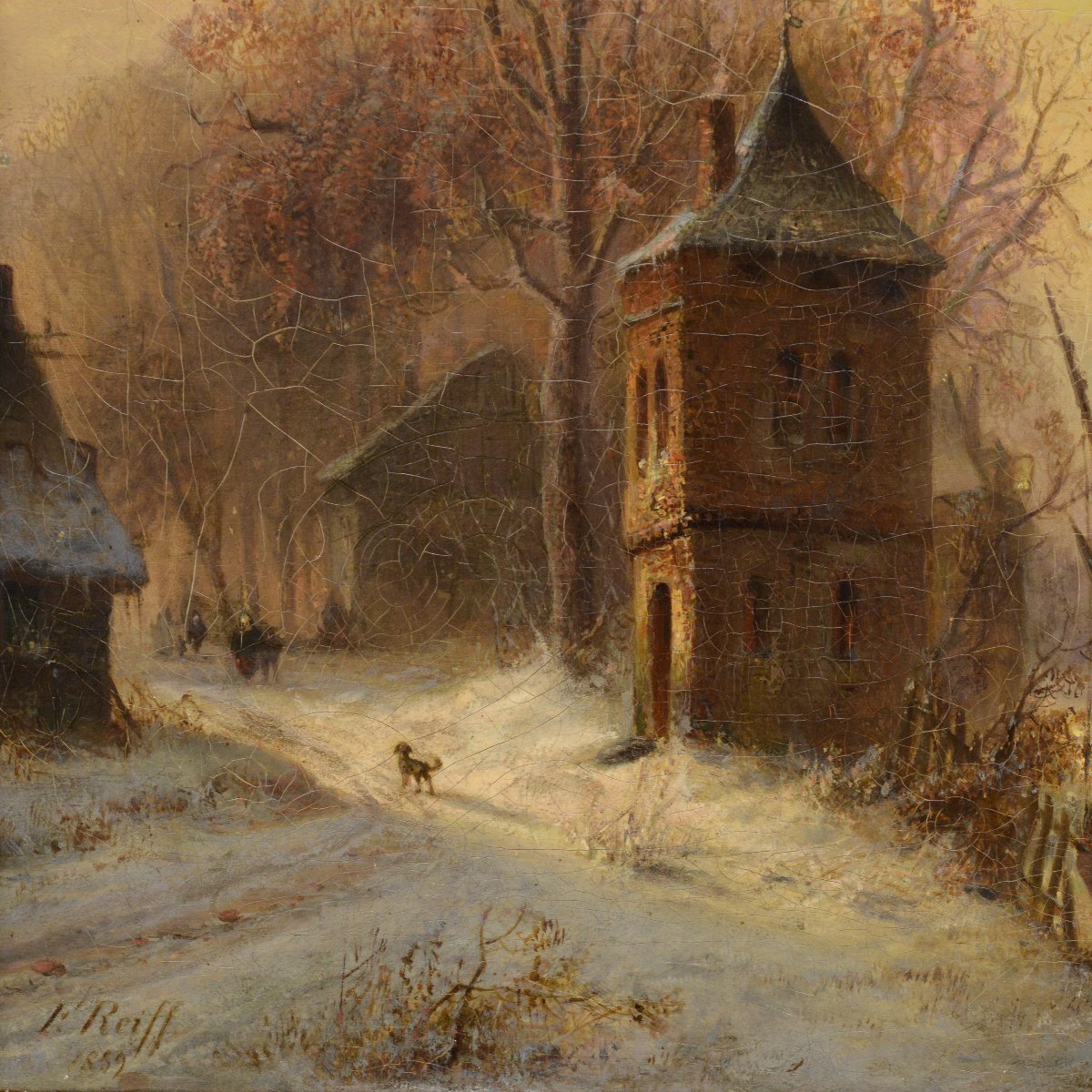 1859 Peinture Huile Allemande Style Hollandais Lac Gele Scene Hiver Signee Encadree-photo-2