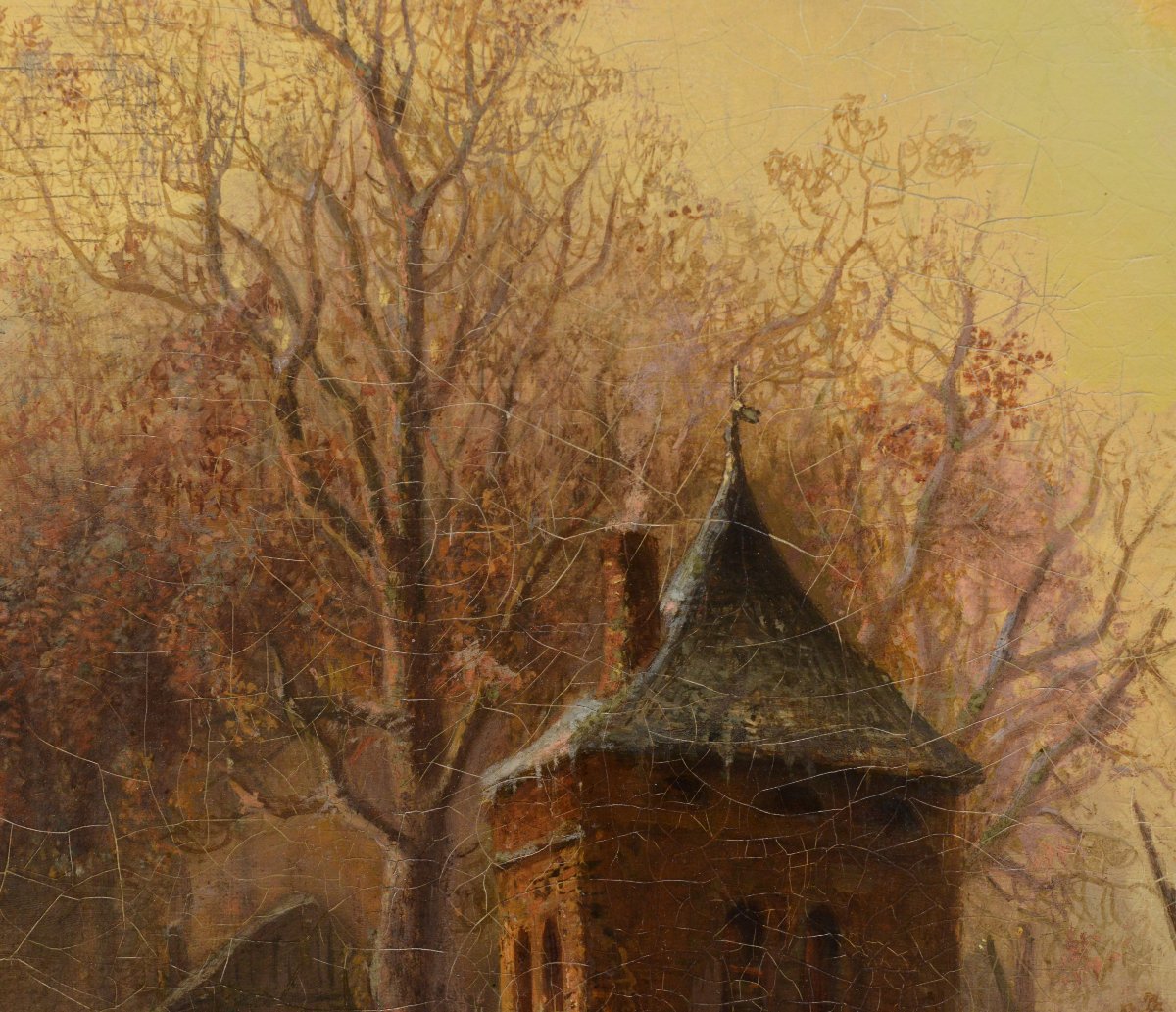 1859 Peinture Huile Allemande Style Hollandais Lac Gele Scene Hiver Signee Encadree-photo-3
