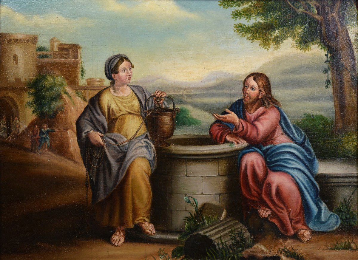 Early 19th Century Gospel Scene Jesus And Samaritan At Well Oil Painting Framed-photo-2