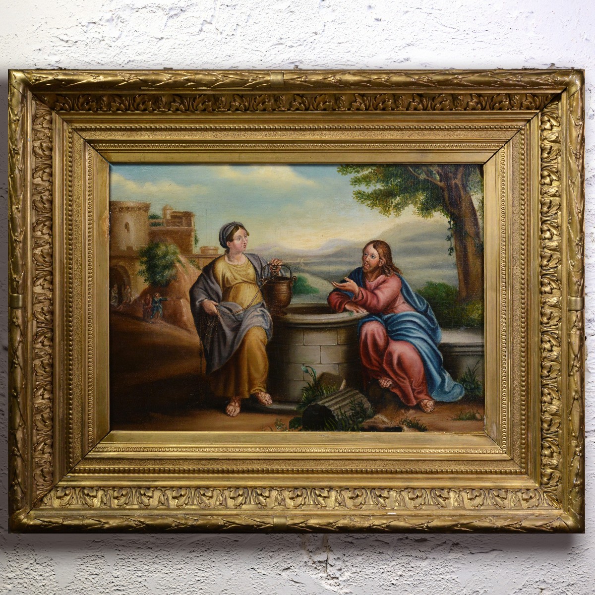 Early 19th Century Gospel Scene Jesus And Samaritan At Well Oil Painting Framed
