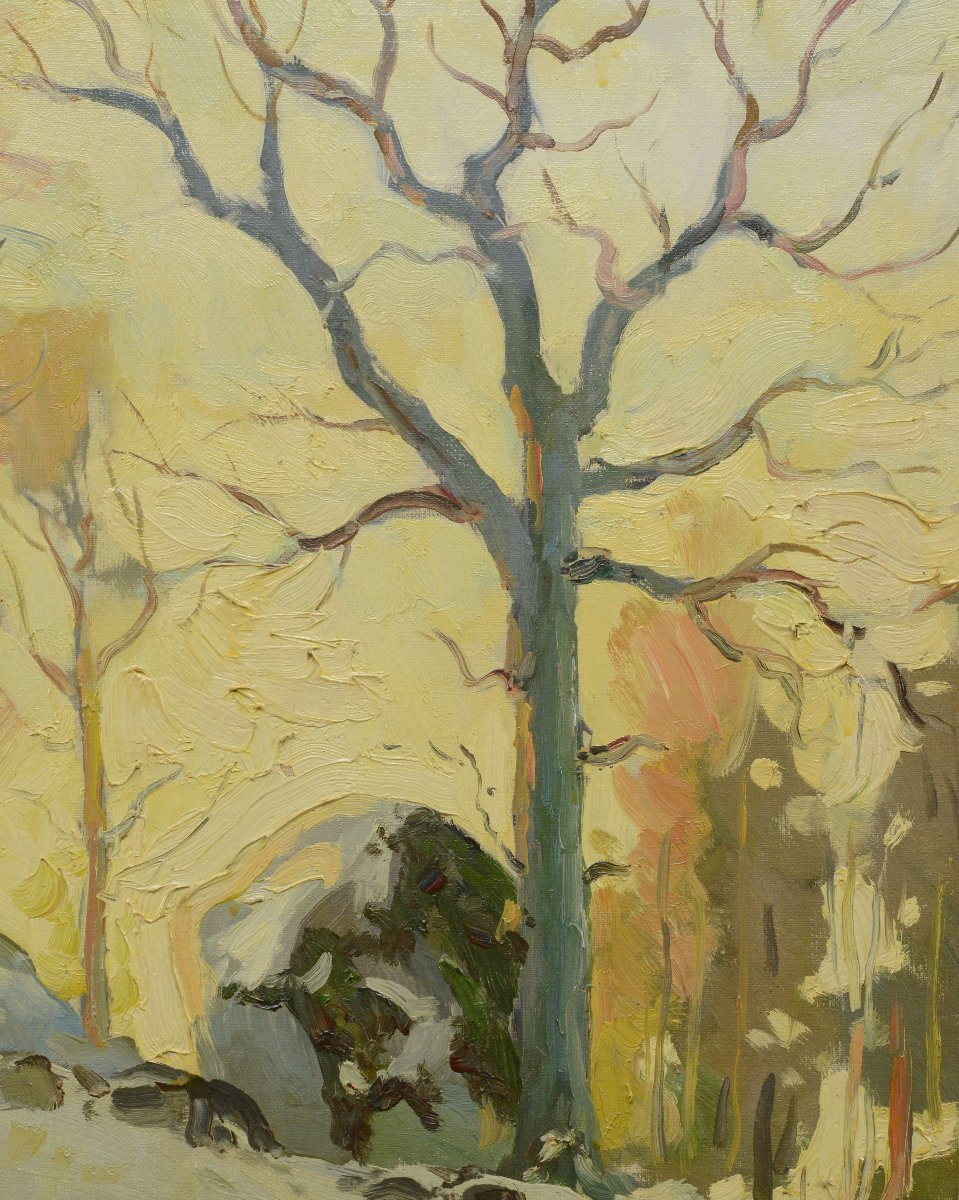 Peter Kurbatov 1946 Russian Oil Painting Winter Landscape Enigmatic Footprints-photo-4