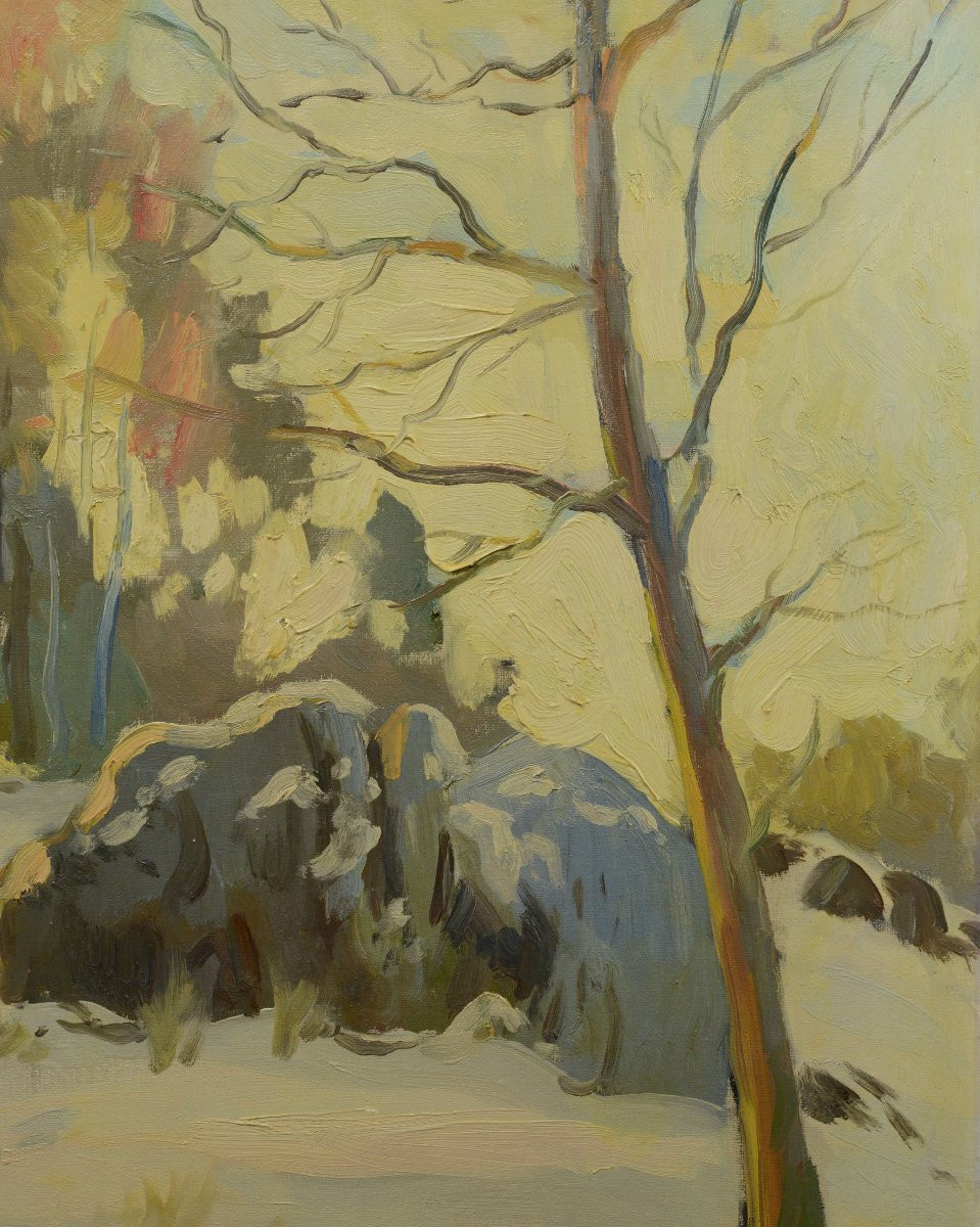 Peter Kurbatov 1946 Russian Oil Painting Winter Landscape Enigmatic Footprints-photo-1