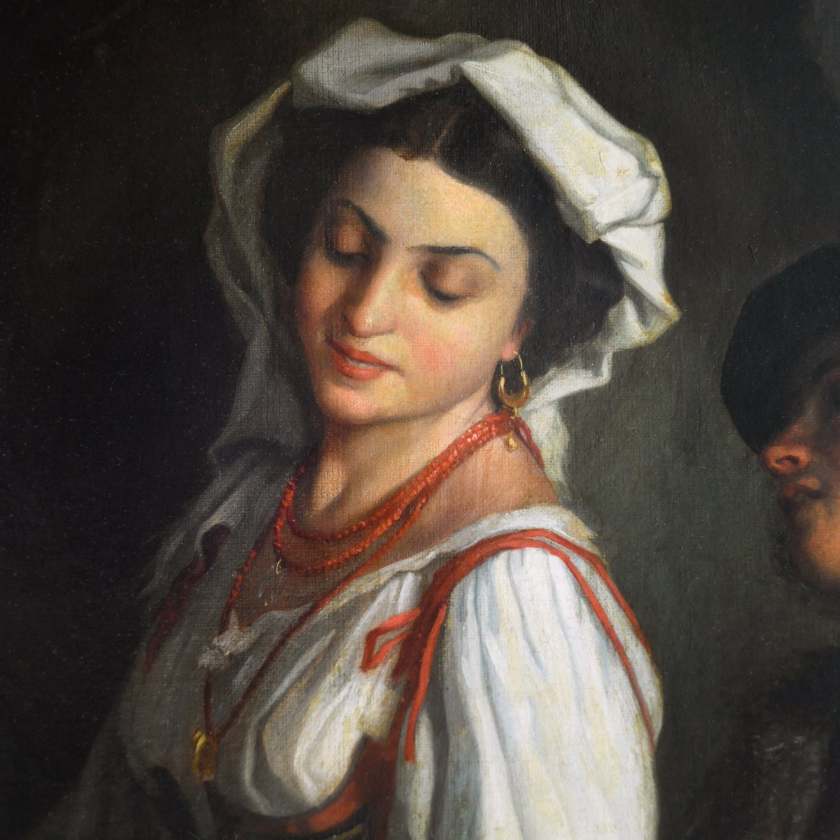 1890 Peinture Huile Romantique Britannique Allemande Scene Italienne Berger et Fille Signee-photo-4